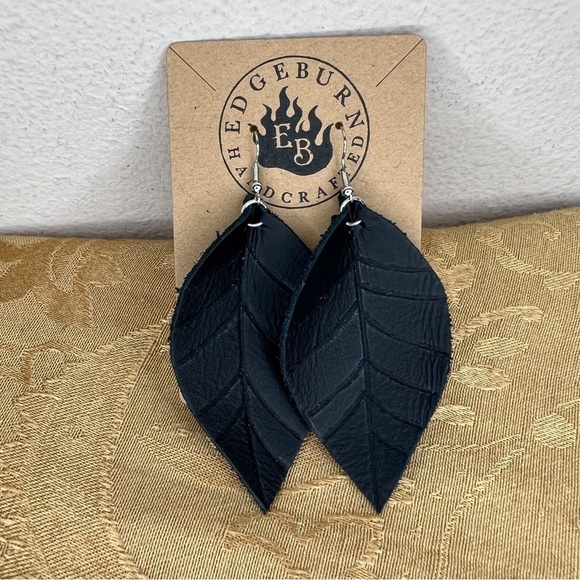 Handmade Black Leather Earrings Leaf Edgeburn Handcrafted Made In Montana - Picture 5 of 5
